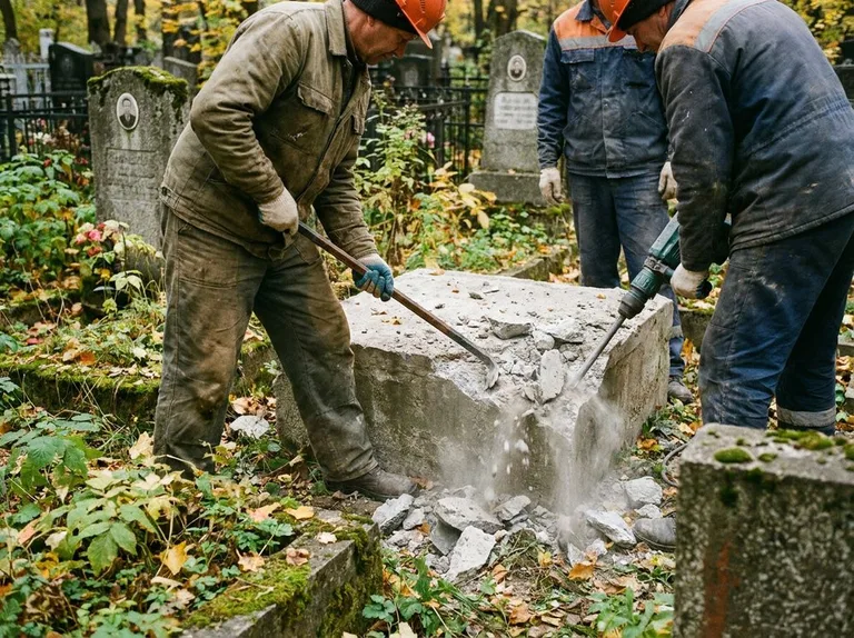Демонтаж бетонного цоколя и тумбы памятника в Барнауле