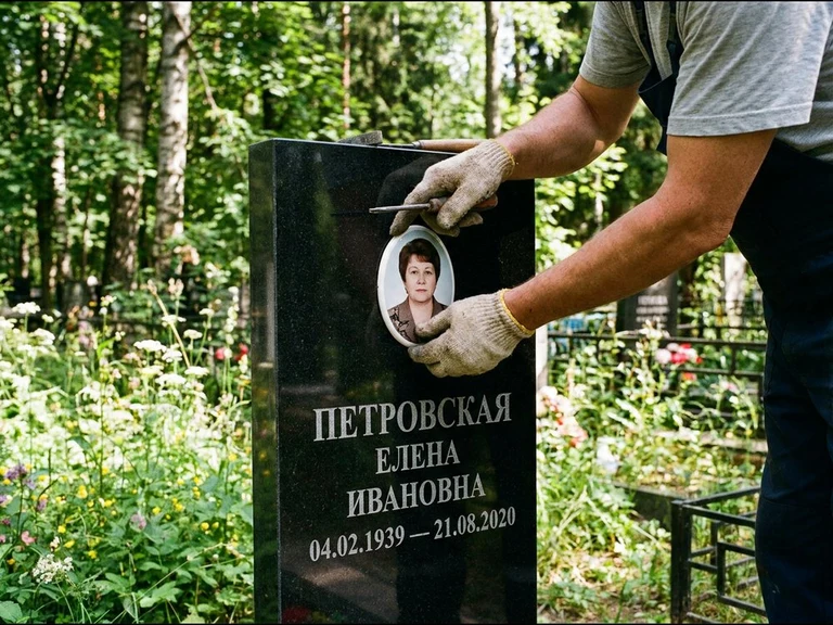 Фото на керамике на памятник в Барнауле — мастер устанавливает овальный керамический портрет на гранитный памятник