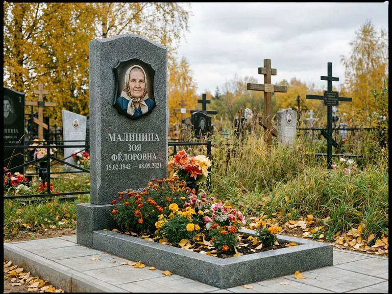 Чёрно-белый керамический портрет на памятнике в Барнауле