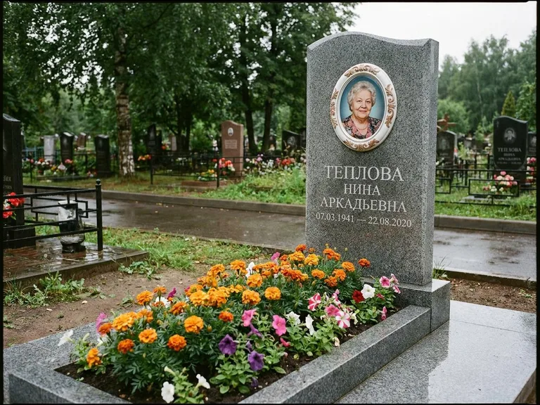Керамический портрет на памятнике с цветами в Барнауле