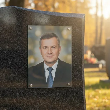 Портрет на стекле на держателях на чёрном граните в Барнауле