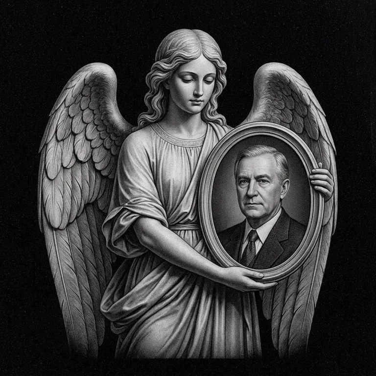 Эскиз гравировки ангела на памятник — объёмный ангел с портретом в Барнауле
