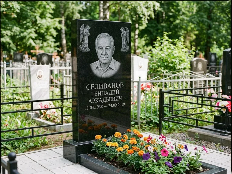 Памятник с гравировкой ангела — гравировка двух ангелов по сторонам портрета, работа «Селиванов» в Барнауле