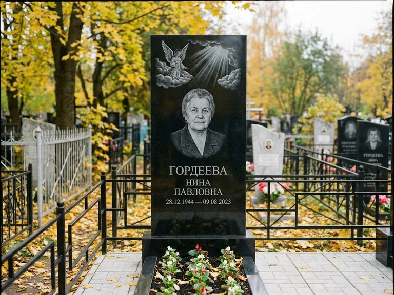 Памятник с гравировкой ангела — гравировка ангела в облаках с лучами над портретом, работа «Гордеева» в Барнауле