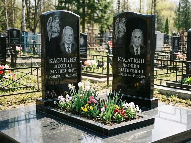 Памятник с гравировкой ангела — гравировка молящегося ангела в верхней части стелы, работа «Касаткин» в Барнауле