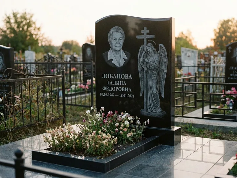 Памятник с гравировкой ангела — гравировка ангела с крестом рядом с эпитафией, работа «Лобанова» в Барнауле