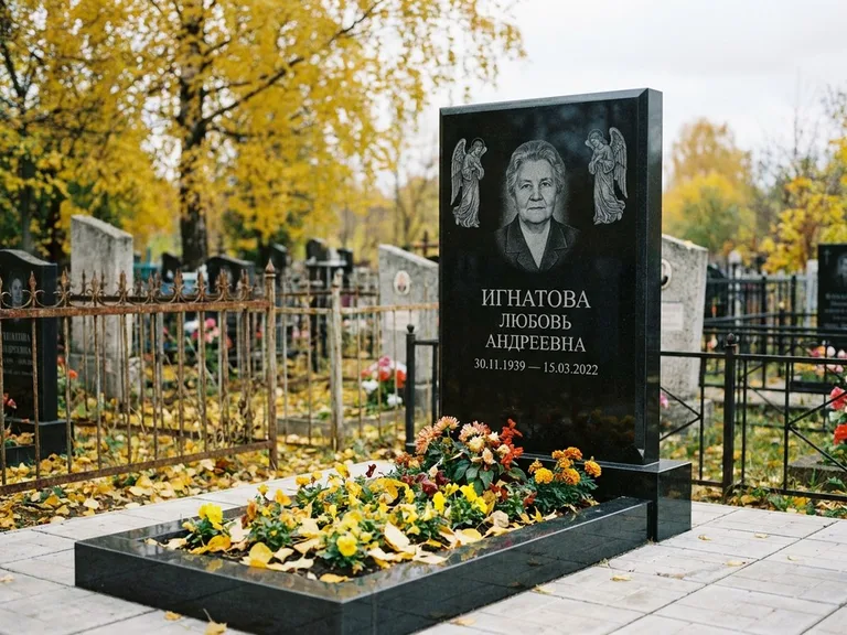 Памятник с гравировкой ангела — гравировка двух ангелов по сторонам портрета, работа «Игнатова» в Барнауле