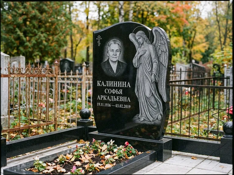 Памятник с гравировкой ангела — гравировка ангела с крестом рядом с эпитафией, работа «Игнатова» в Барнауле