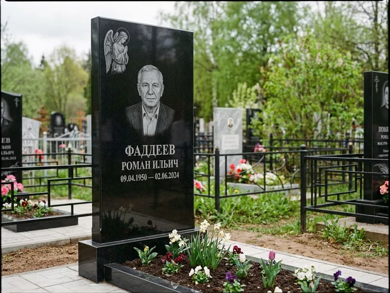 Памятник с гравировкой ангела — гравировка молящегося ангела в верхней части стелы, работа «Фаддеев» в Барнауле