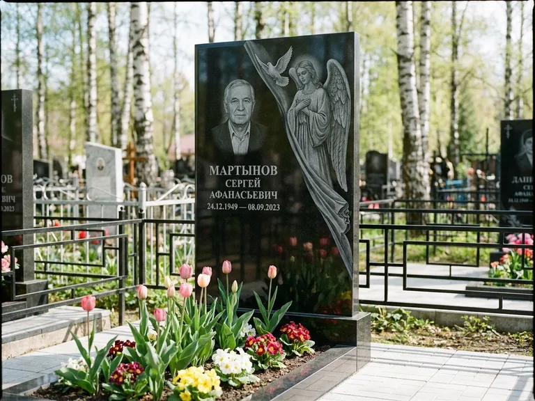 Памятник с гравировкой ангела — гравировка двух ангелов по сторонам портрета, работа «Касаткин» в Барнауле