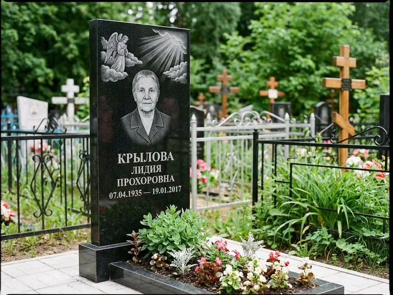 Памятник с гравировкой ангела — гравировка ангела в облаках с лучами над портретом, работа «Лобанова» в Барнауле