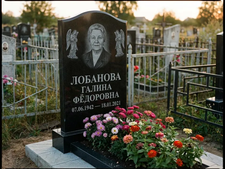 Памятник с гравировкой ангела — гравировка двух ангелов по сторонам портрета, работа «Лобанова» в Барнауле