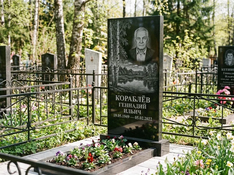 Памятник с гравировкой берёзы — гравировка берёзы у зеркального озера, работа «Кораблёв» в Барнауле