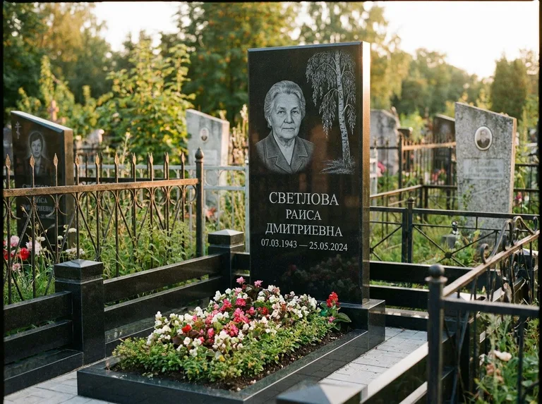 Памятник с гравировкой берёзы — гравировка плакучей берёзы с тонкими ветвями, работа «Светлова» в Барнауле