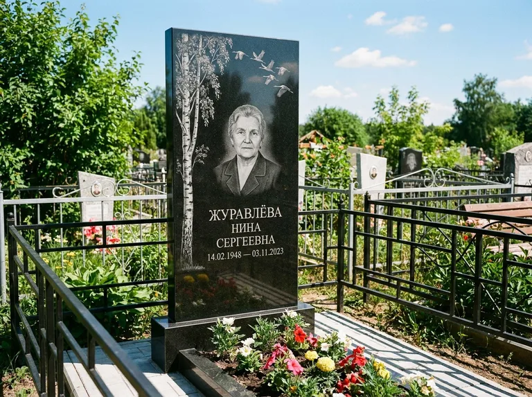 Памятник с гравировкой берёзы — гравировка берёзы с журавлиным клином в небе, работа «Журавлёва» в Барнауле