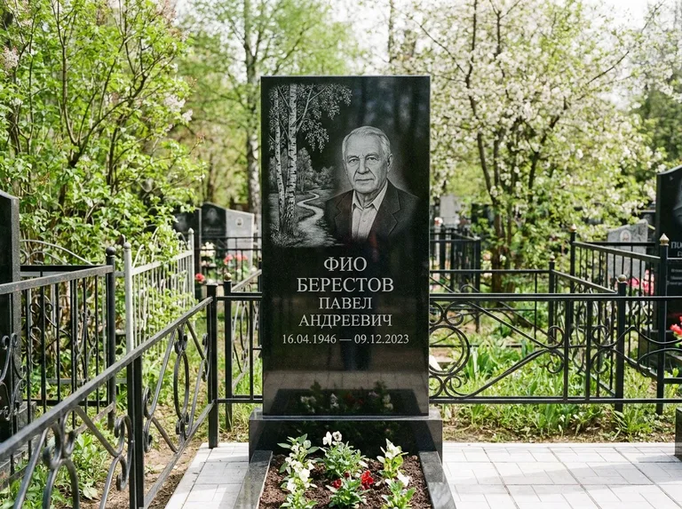 Памятник с гравировкой берёзы — гравировка берёзы у тропинки, уходящей вдаль, работа «Берестов» в Барнауле