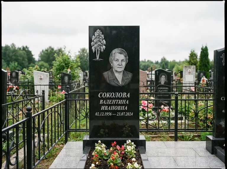 Памятник с гравировкой берёзы — гравировка одинокой берёзы над именем, работа «Соколова» в Барнауле