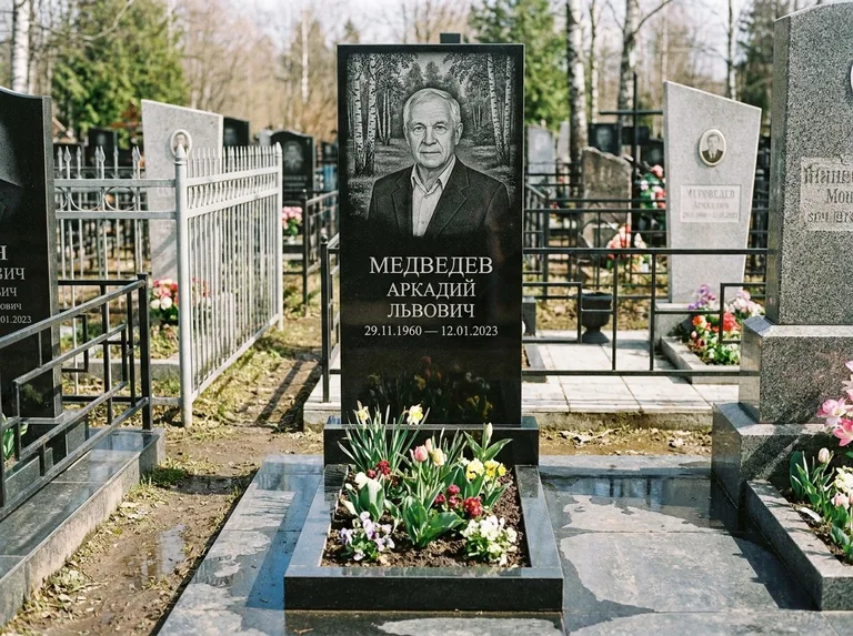 Памятник с гравировкой берёзы — гравировка берёзовой рощи в глубину, работа «Медведев» в Барнауле
