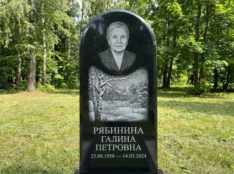 Памятник с гравировкой берёзы: стела с плавным арочным верхом — зимняя берёза, снег на ветвях, газон без ограды, стриженая трава, работа «Рябинина» в Барнауле