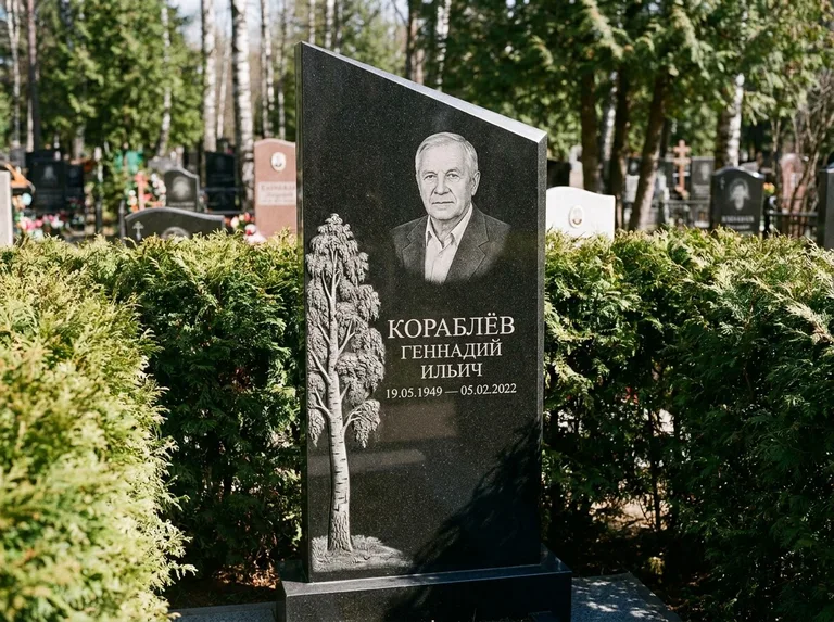 Памятник с гравировкой берёзы: асимметричная скошенная стела — объёмная одинокая берёза с фактурной корой, живая изгородь из туи, работа «Кораблёв» в Барнауле