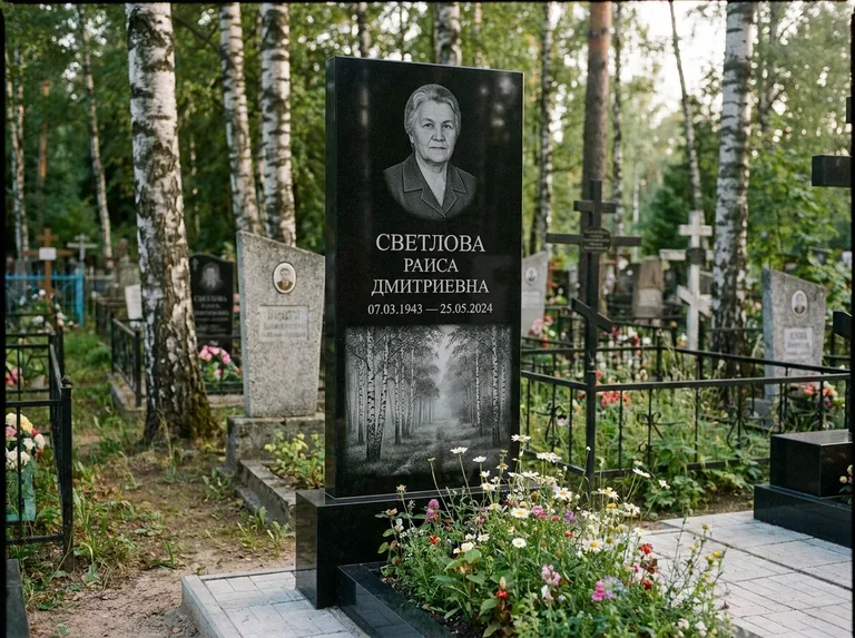 Памятник с гравировкой берёзы: двойная семейная стела — берёзовая роща в лёгкой дымке, цветник с полевыми цветами, работа «Светлова» в Барнауле