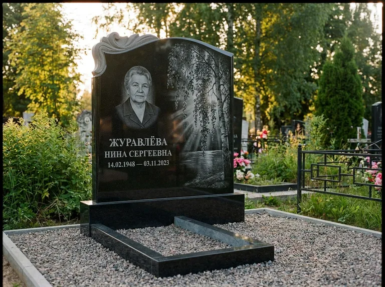 Памятник с гравировкой берёзы: стела с фигурным резным верхом — плакучая берёза в контровом свете, гравийная отсыпка, рассвет, работа «Журавлёва» в Барнауле