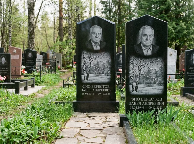 Памятник с гравировкой берёзы: массивная стела с двускатным навершием — зимняя берёза, снег на ветвях, дорожка из природного плитняка, работа «Берестов» в Барнауле