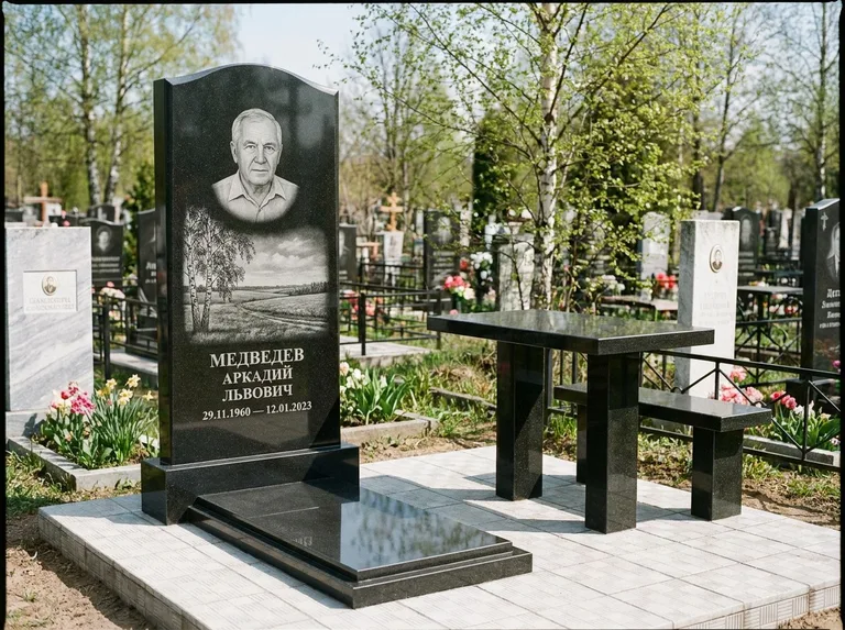 Памятник с гравировкой берёзы: стела с гранитным столиком и скамьёй — берёза у поля, простор до горизонта, семейный участок с плиткой, работа «Медведев» в Барнауле