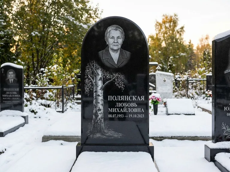 Памятник с гравировкой берёзы: полукруглая стела — объёмная одинокая берёза с фактурной корой, заснеженный зимний участок, работа «Полянская» в Барнауле