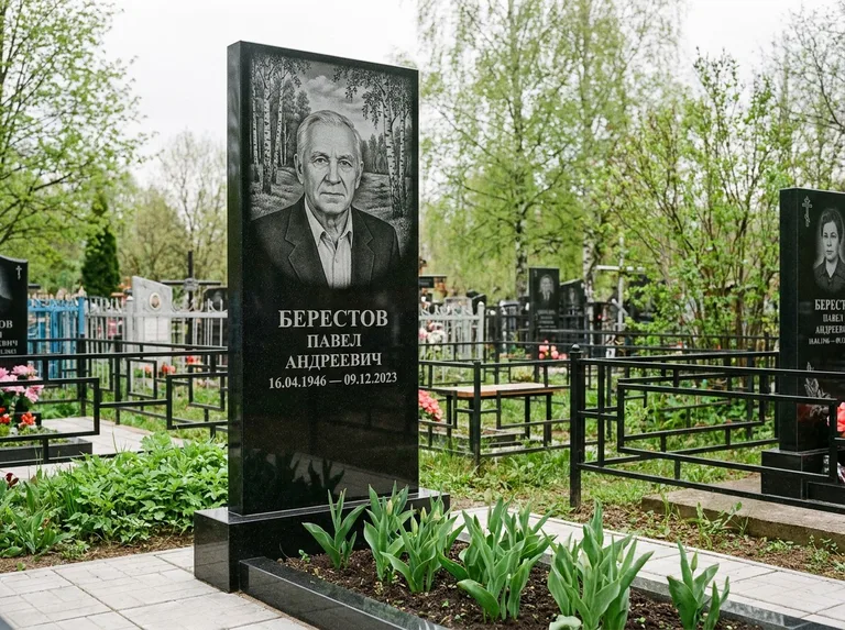 Памятник с гравировкой берёзы — гравировка берёзовой рощи в глубину, работа «Берестов» в Барнауле