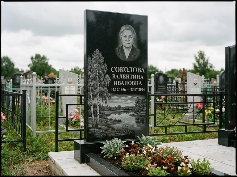 Памятник с гравировкой берёзы — гравировка берёзы у зеркального озера, работа «Соколова» в Барнауле