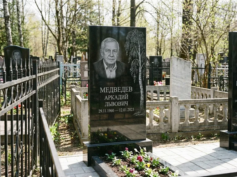 Памятник с гравировкой берёзы — гравировка плакучей берёзы с тонкими ветвями, работа «Медведев» в Барнауле