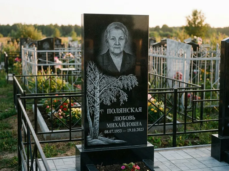 Памятник с гравировкой берёзы — гравировка зимней берёзы в инее, работа «Полянская» в Барнауле