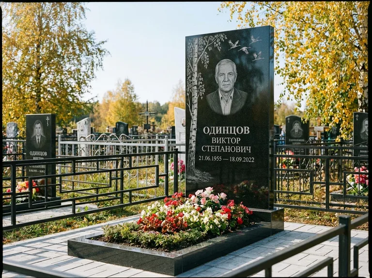 Памятник с гравировкой берёзы — гравировка берёзы с журавлиным клином в небе, работа «Одинцов» в Барнауле