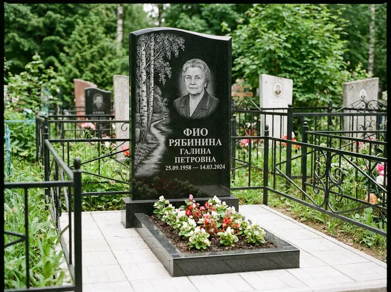 Памятник с гравировкой берёзы — гравировка берёзы у тропинки, уходящей вдаль, работа «Рябинина» в Барнауле