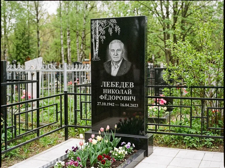 Памятник с гравировкой берёзы — гравировка одинокой берёзы над именем, работа «Лебедев» в Барнауле