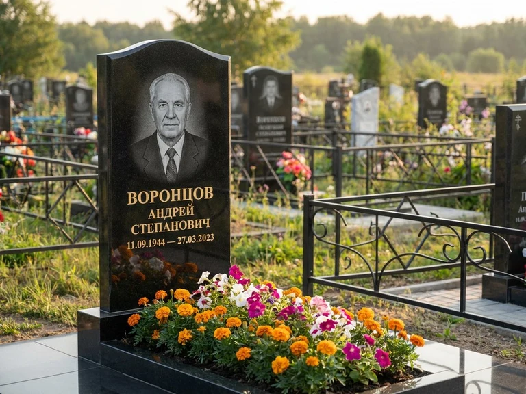 Гравировка фото на памятнике в Барнауле — готовый гравированный портрет на чёрном граните