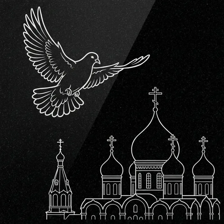 Эскиз гравировки голубей на памятник — голубь в небе над храмом в Барнауле