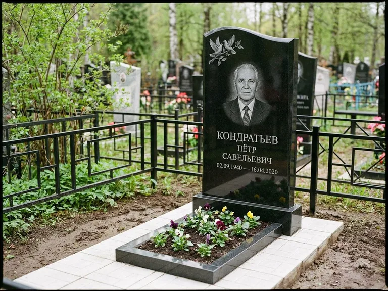 Памятник с гравировкой голубей — гравировка пары голубей на ветке в верхнем углу стелы, работа «Кондратьев» в Барнауле