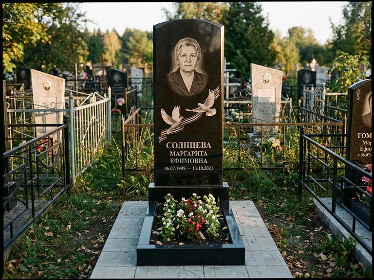 Памятник с гравировкой голубей — гравировка двух летящих голубей с лентой по диагонали стелы, работа «Солнцева» в Барнауле