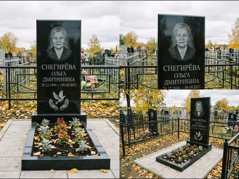 Памятник с гравировкой голубей — гравировка голубя над раскрытыми ладонями внизу стелы, работа «Снегирёва» в Барнауле