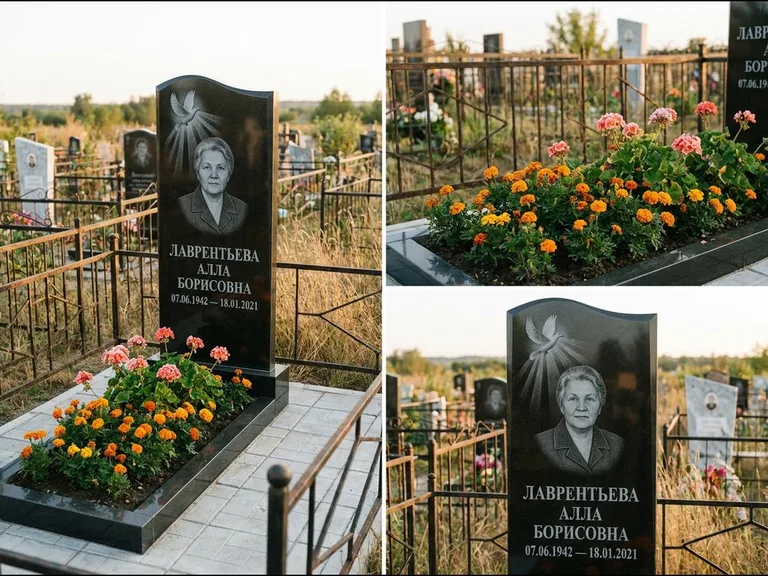 Памятник с гравировкой голубей — гравировка голубя в лучах света над портретом, работа «Лаврентьева» в Барнауле