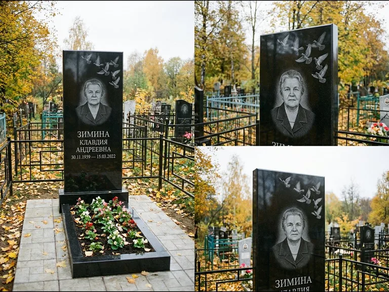 Памятник с гравировкой голубей — гравировка стаи голубей, взлетающей от угла стелы, работа «Зимина» в Барнауле