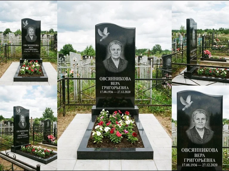 Памятник с гравировкой голубей — белая гравировка взлетающего голубя над портретом, работа «Овсянникова» в Барнауле