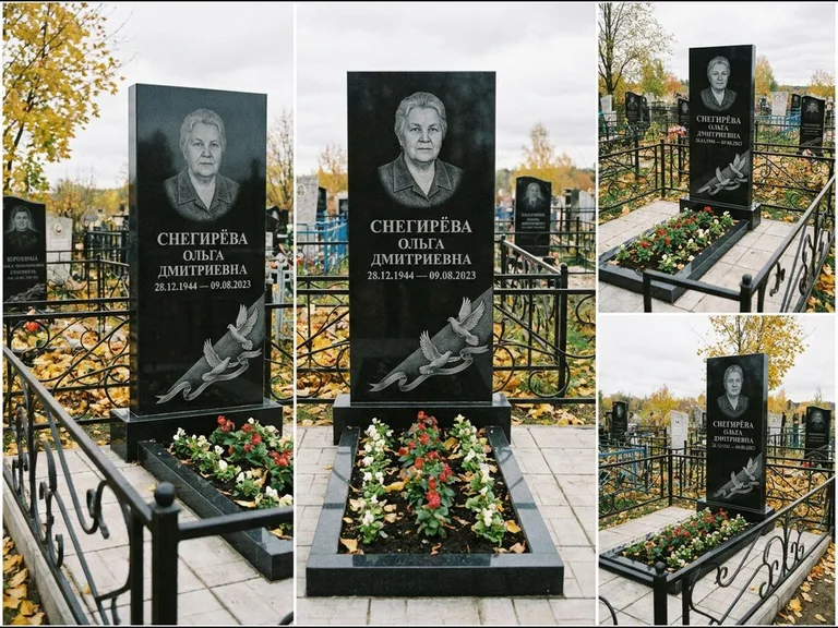 Памятник с гравировкой голубей — гравировка двух летящих голубей с лентой по диагонали стелы, работа «Снегирёва» в Барнауле
