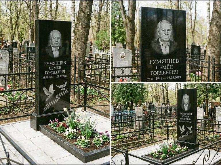 Памятник с гравировкой голубей — гравировка двух летящих голубей с лентой по диагонали стелы, работа «Румянцев» в Барнауле