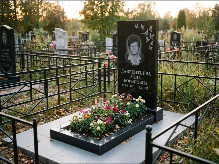 Памятник с гравировкой голубей — гравировка стаи голубей, взлетающей от угла стелы, работа «Лаврентьева» в Барнауле