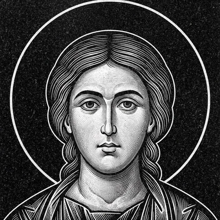 Эскиз иконы: Георгий Победоносец — воинам, гравировка на памятник в Барнауле