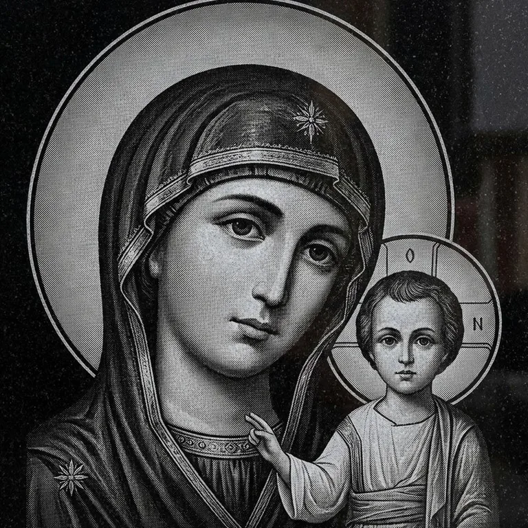Эскиз иконы: Казанская (полутон) — детальный образ Богородицы, гравировка на памятник в Барнауле