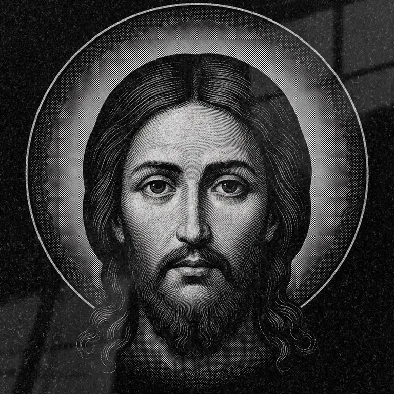 Эскиз иконы: Спас Нерукотворный (полутон) — детальный лик на убрусе, гравировка на памятник в Барнауле